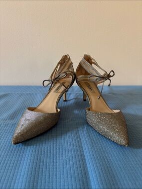 Nina Shoes Metallic Gold Pointed-Toe Ankle-Tie Heels